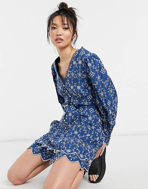 River Island embroidered volume sleeve mini shirt dress in navy 