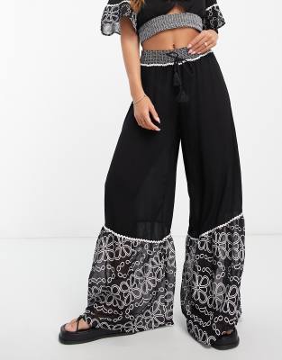 High Waisted Embroidered Black Wide Leg Pants