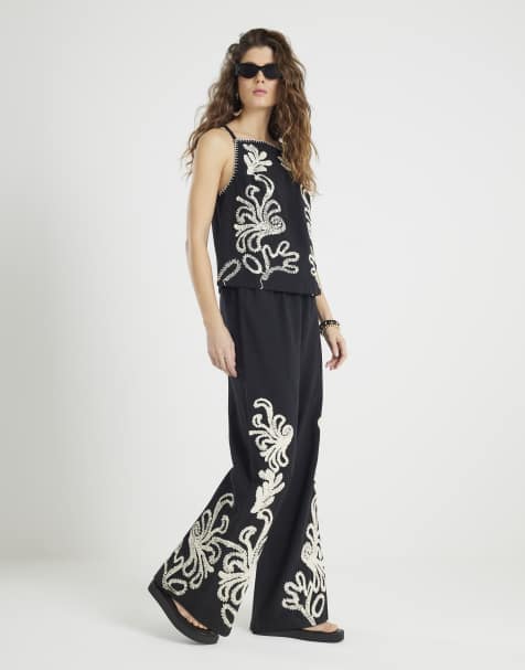 River Island Embroidered wide leg trousers in black - view 1
