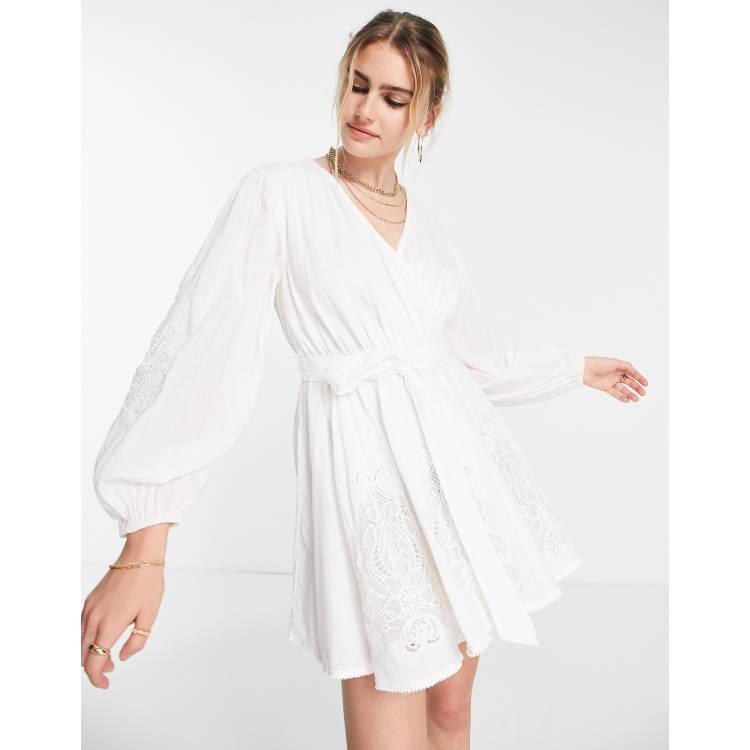 River Island embroidered wrap mini dress in white | ASOS