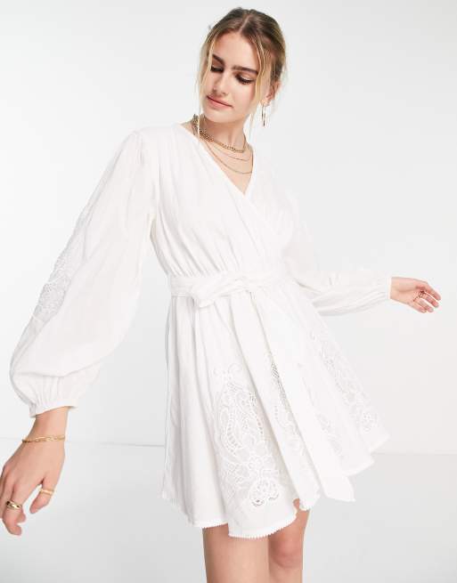 White embroidered sales wrap dress