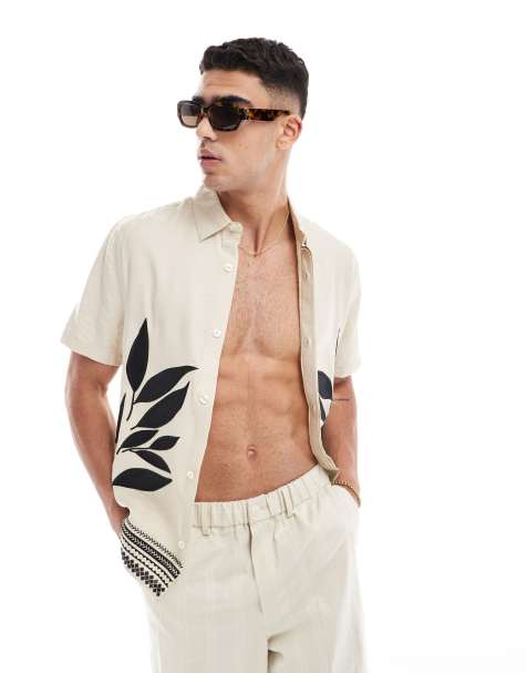 River Island embroidery leaf shirt in light stone - view 1