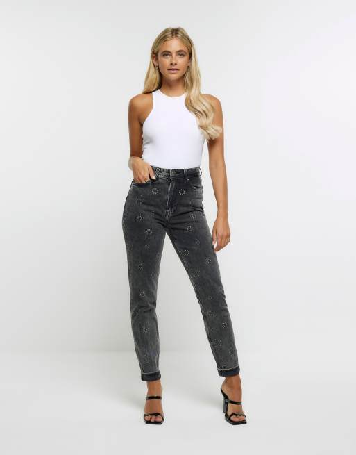 River Island Emerald Embellished Stud Mom jean in Black