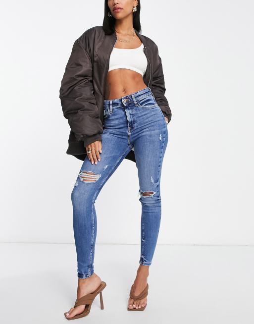 River Island – Enge Jeans mit hohem Bund in Blau