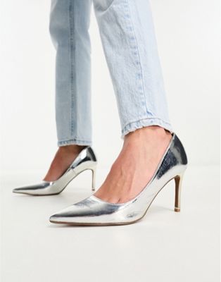 River Island heeled court shoe in silver  - ASOS Price Checker