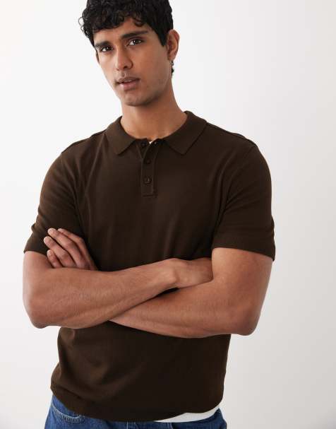 River Island essential knitted polo in dark brown - view 1