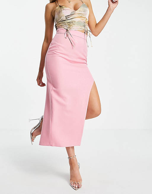 River Island exaggerated split midi skirt in pink
