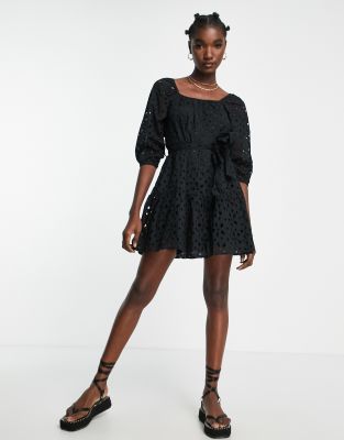 River Island Eyelet Belted Mini Dress In Black | ModeSens