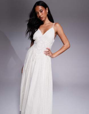 eyelet embellished midi dress in cream-White
