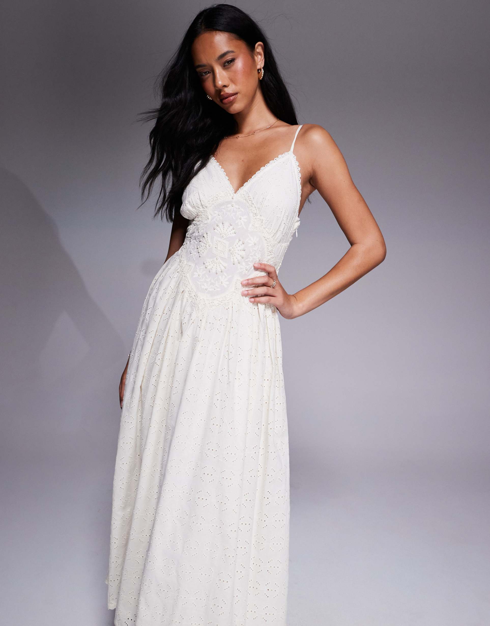 river island eyelet embellished midi dress in cream