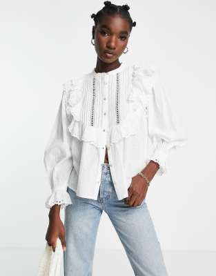River Island Eyelet Ruffle Detail Blouse In White