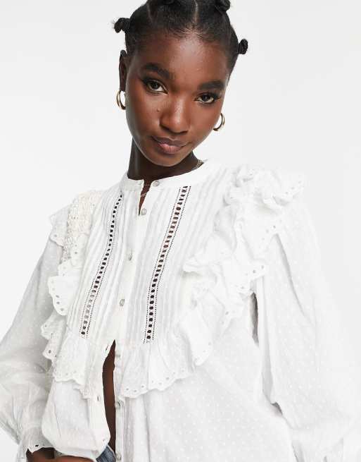 River Island eyelet ruffle detail blouse in white | ASOS