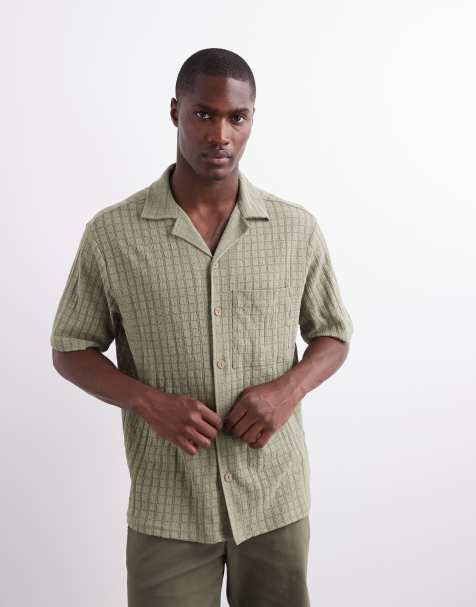 River Island revere collar textured shirt in khaki