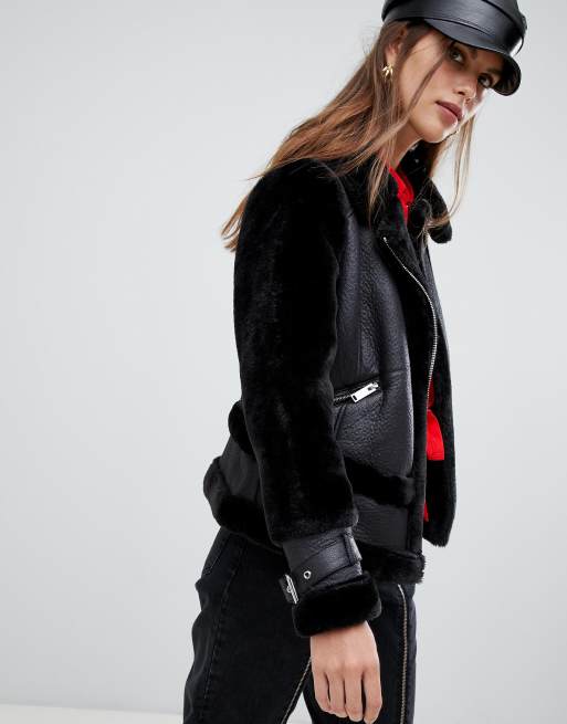 River Island faux fur aviator jacket in black ASOS