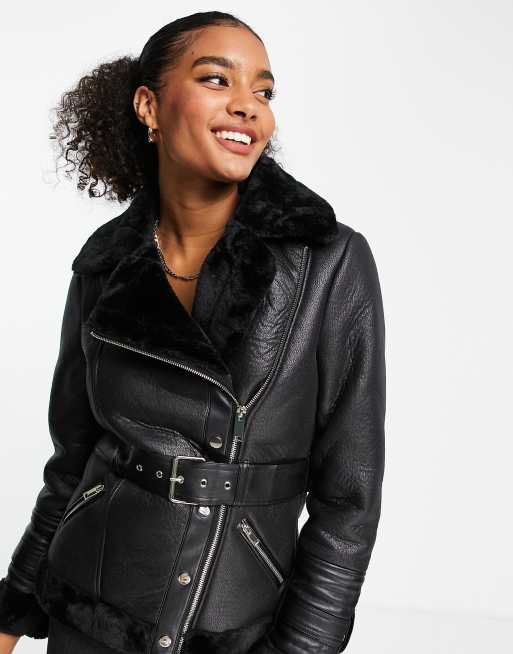 River Island faux fur aviator jacket in black