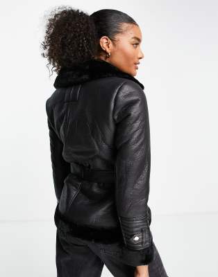 black belted faux fur aviator jacket