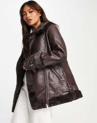 River Island Faux Fur Aviator Jacket In Chocolate-black | ModeSens