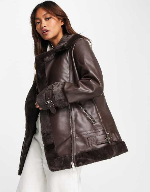 River Island faux fur aviator jacket in chocolate | ASOS