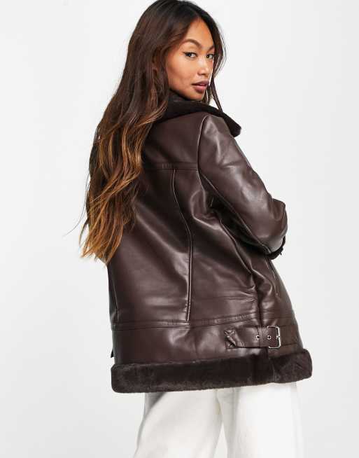 River Island faux fur aviator jacket in chocolate