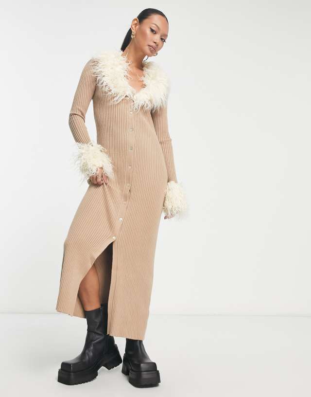 River Island faux fur cardigan midi dress in light brown