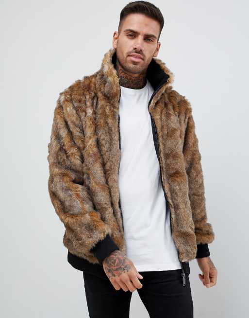 River Island faux fur coat in with zip front brown | ASOS