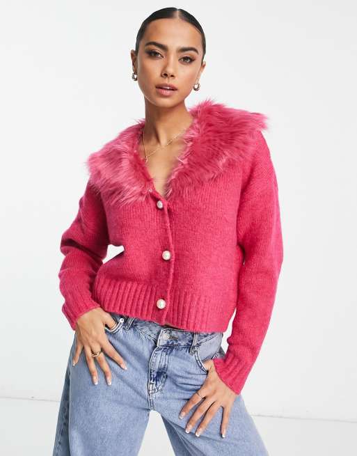 Faux Fur Trim A Line Cardigan Pink