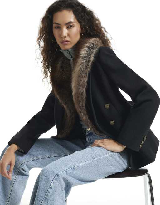 River Island Faux fur collar cinched blazer in black, 2 of 4