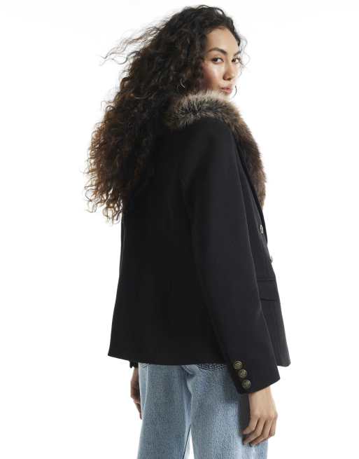 River Island Faux fur collar cinched blazer in black, 4 of 4