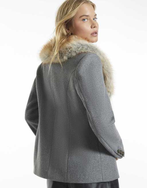 River Island Faux fur collar cinched blazer in grey, 4 of 4