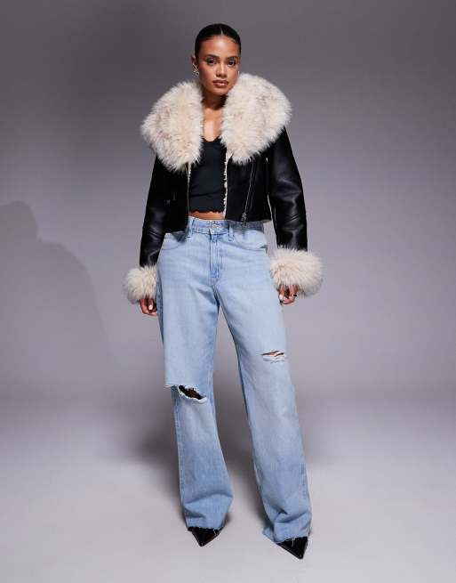 River Island faux fur collar cropped moto jacket in black