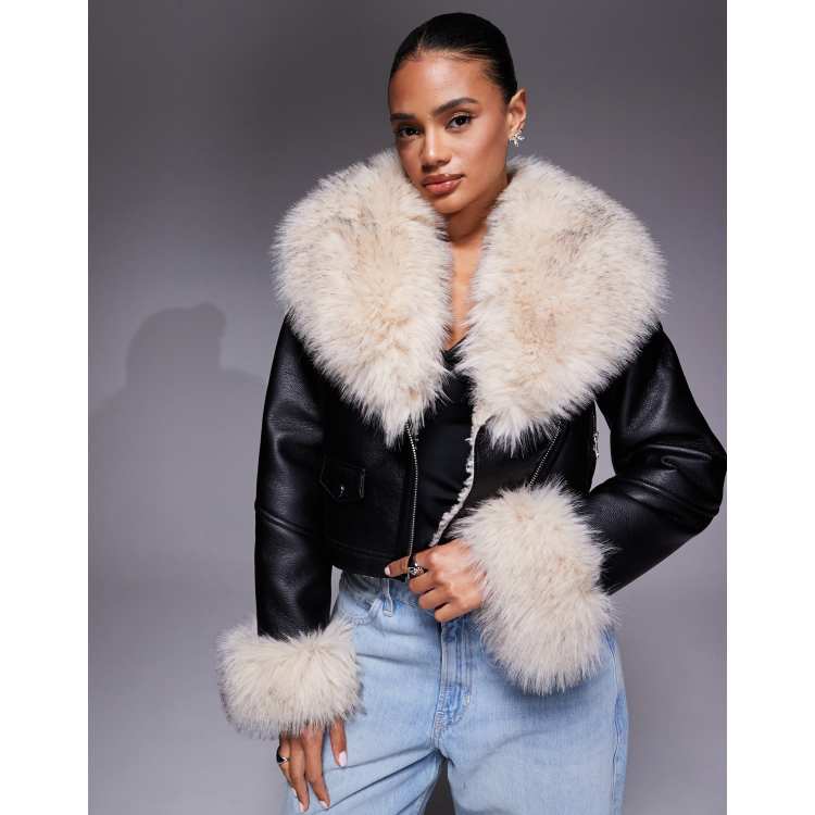 River Island faux fur collar cropped moto jacket in black | ASOS