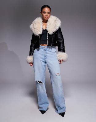 River Island Faux Fur Collar Cropped Moto Jacket In Black