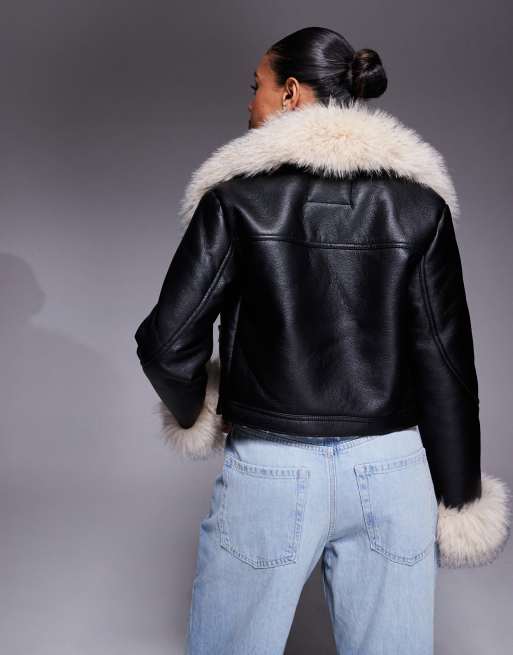 River Island faux fur collar cropped moto jacket in black, 3 of 4