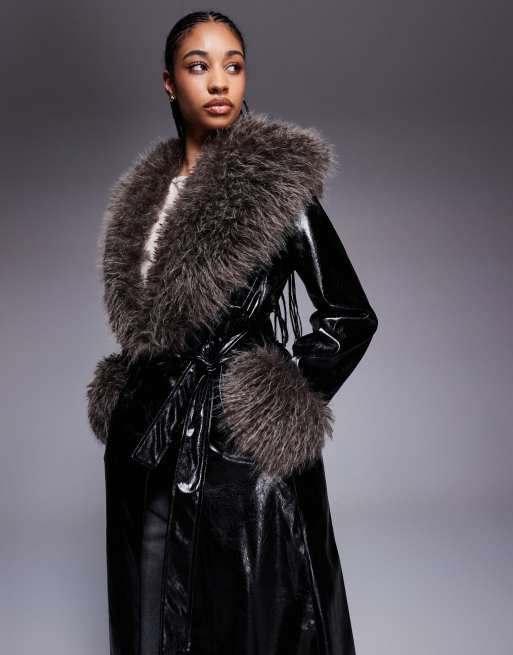 River Island faux fur collar faux leather trench coat in black | ASOS
