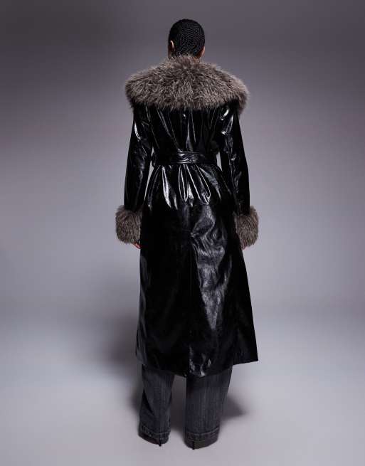River Island faux fur collar faux leather trench in black, 2 of 4