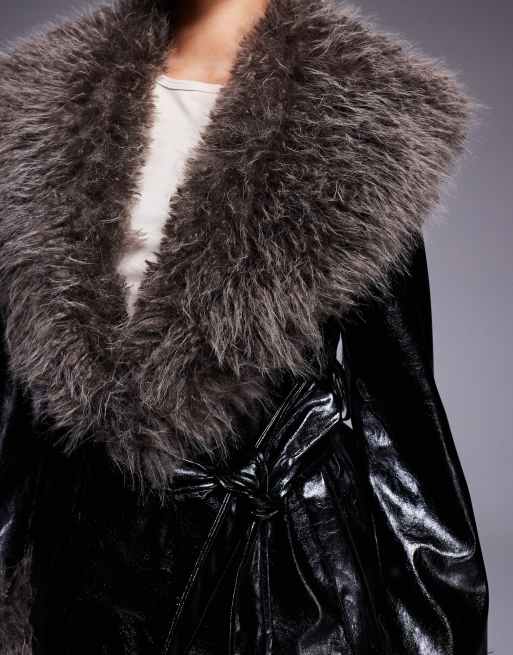 River Island faux fur collar faux leather trench in black, 4 of 4