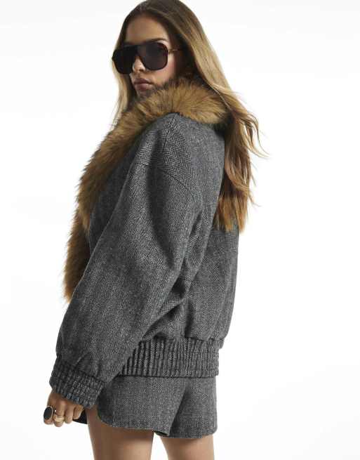 River Island Faux fur collar herringbone coat in grey, 4 of 4