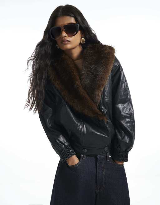 River Island Faux fur collar padded faux leather jac in black, 2 of 4