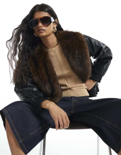 River Island Faux fur collar padded faux leather jac in black, 3 of 4