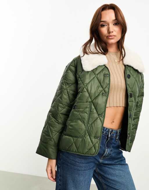 River Island Faux Fur Collar Padded in Khaki