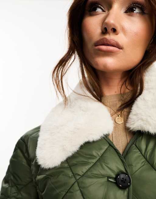 River Island Faux Fur Collar Padded in Khaki ASOS