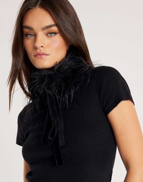 River Island Faux fur collar top in black - view 1