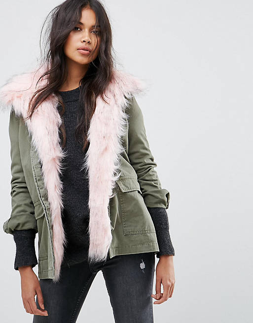 River Island Faux Fur Front Army Jacket | ASOS