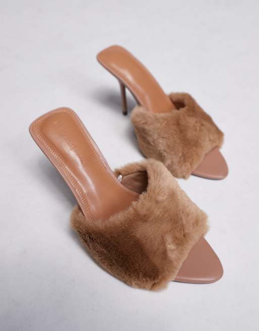 River Island faux fur heeled mules in beige | ASOS
