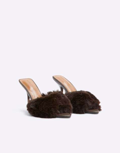 River Island faux fur heeled mules in dark brown - view 1