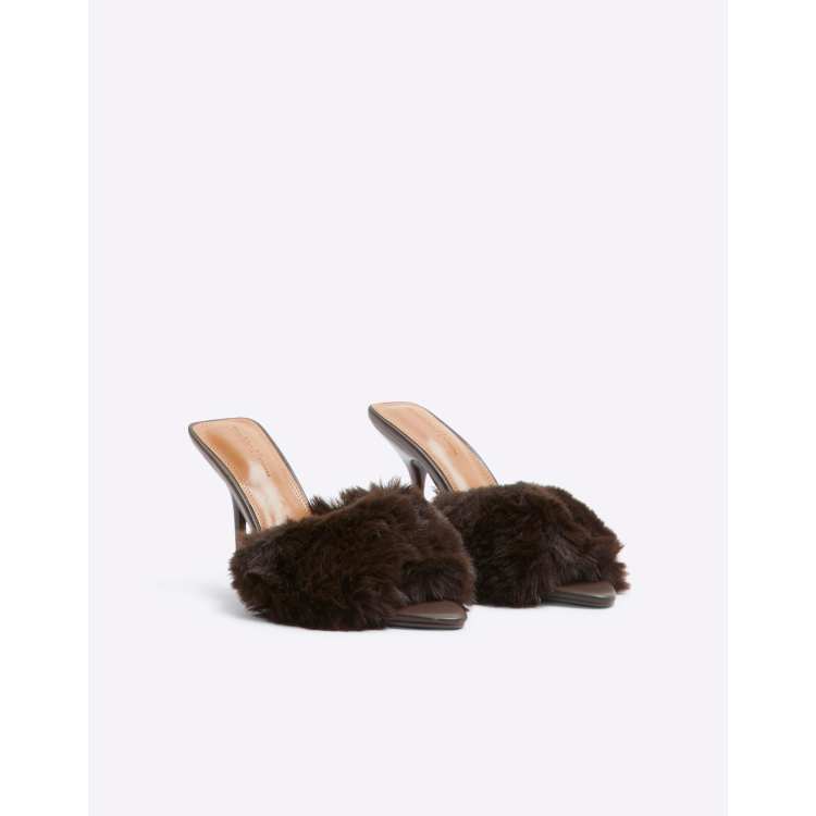 River Island faux fur heeled mules in dark brown ASOS