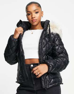 black short faux fur padded puffer jacket river island