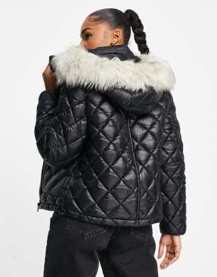 black short faux fur padded puffer jacket river island