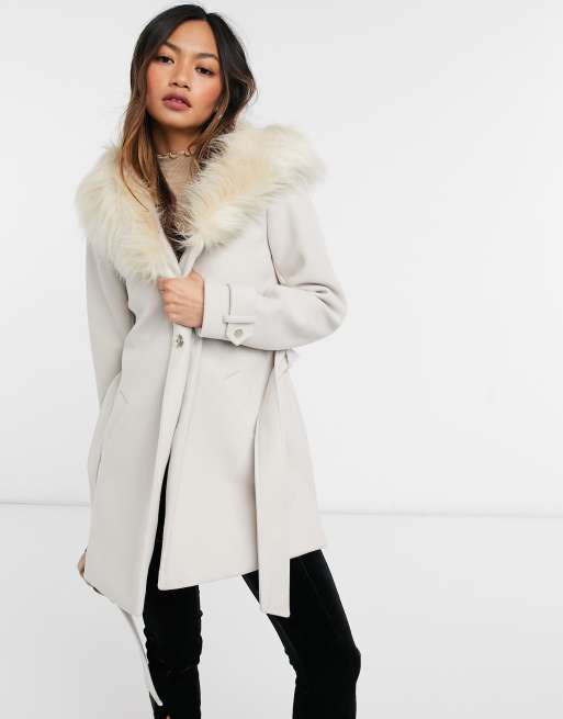 River Island faux fur hood short robe coat in stone | ASOS