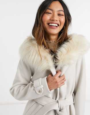 stone belted faux fur hooded robe coat